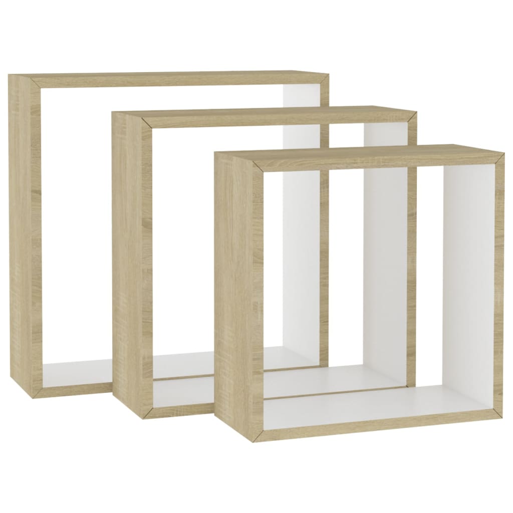 Mensole a Cubo da Parete 3 pz-Set di 3 Scaffale Bianco Rovere Sonoma