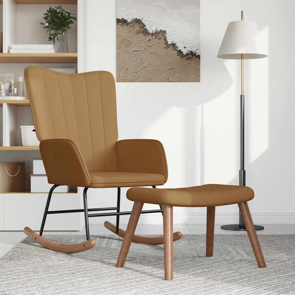 Poltrona a Dondolo con Poggiapiedi Marrone in Velluto 327762