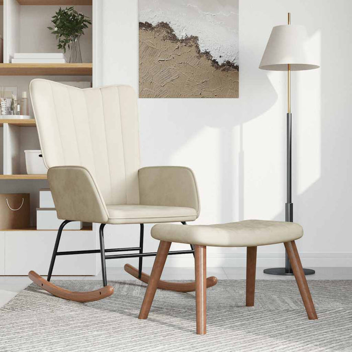 Poltrona a Dondolo con Poggiapiedi Bianco Crema in Velluto 327763