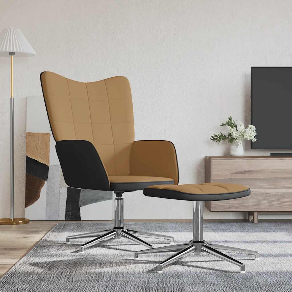 Sedia Relax con Sgabello Marrone in Velluto e PVC 327872