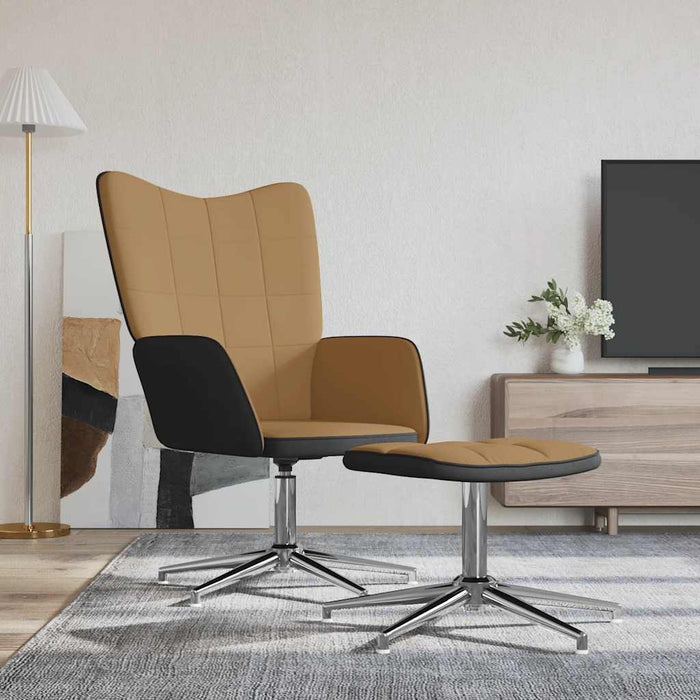 Sedia Relax con Sgabello Marrone in Velluto e PVC 327872