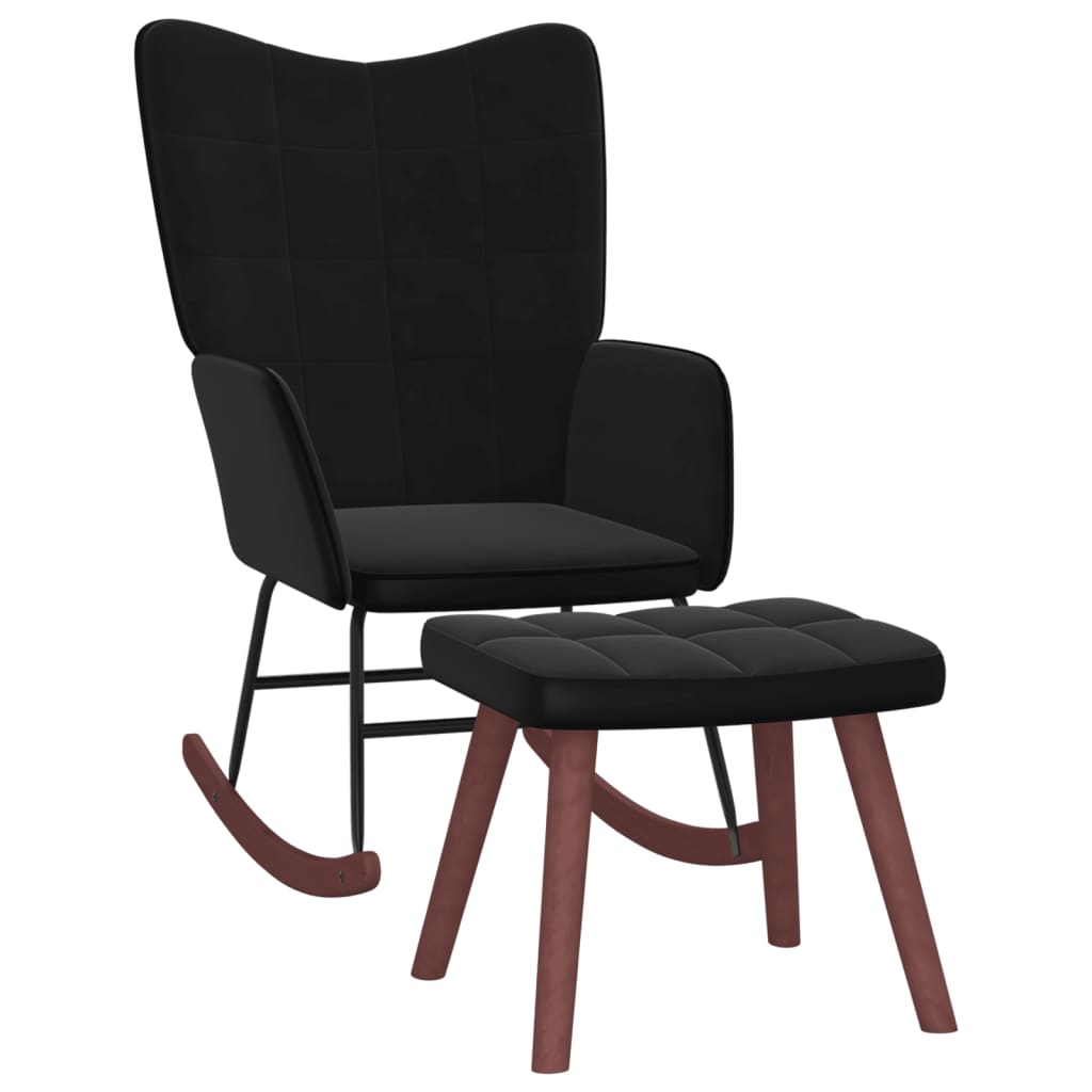 Poltrona a Dondolo con Poggiapiedi Nera in Velluto e PVC 327892