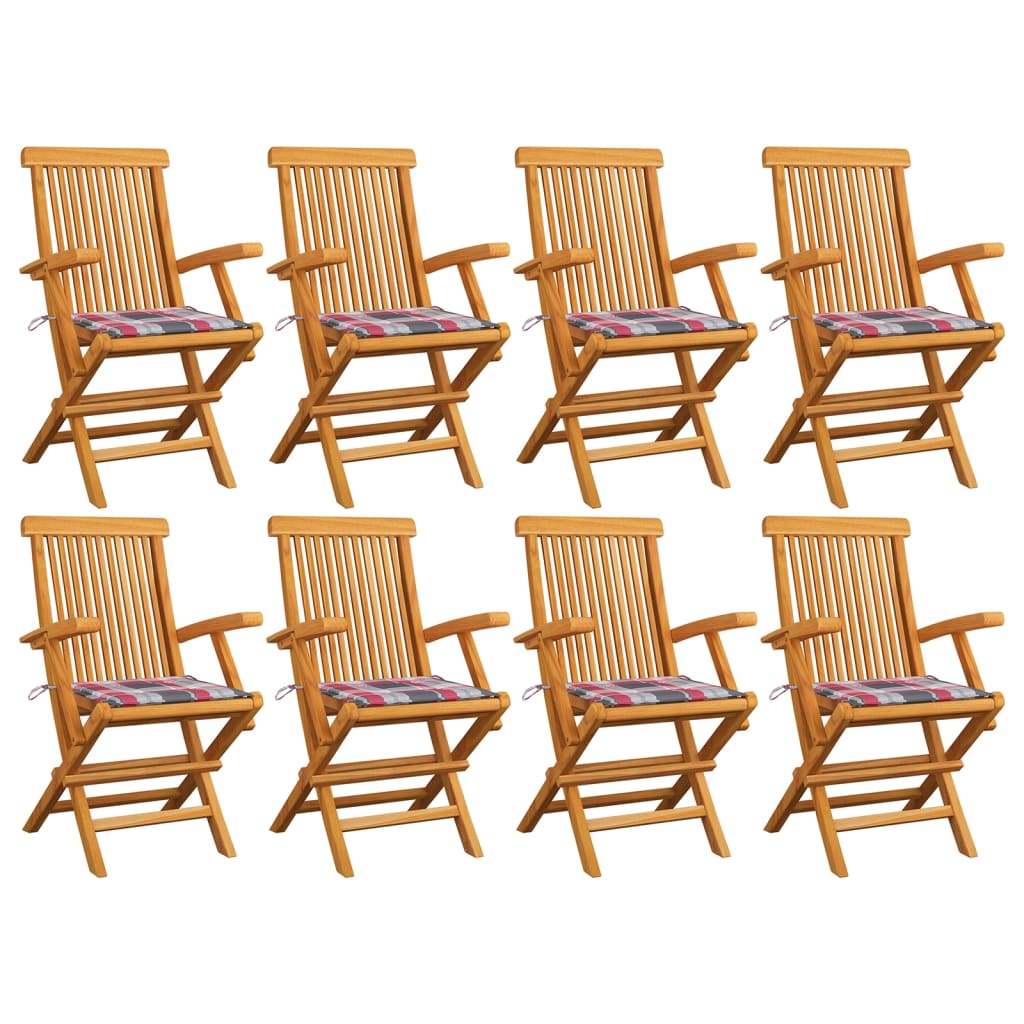 Sedie da Giardino Cuscini Motivo Quadri Rosso 8pz Massello Teak