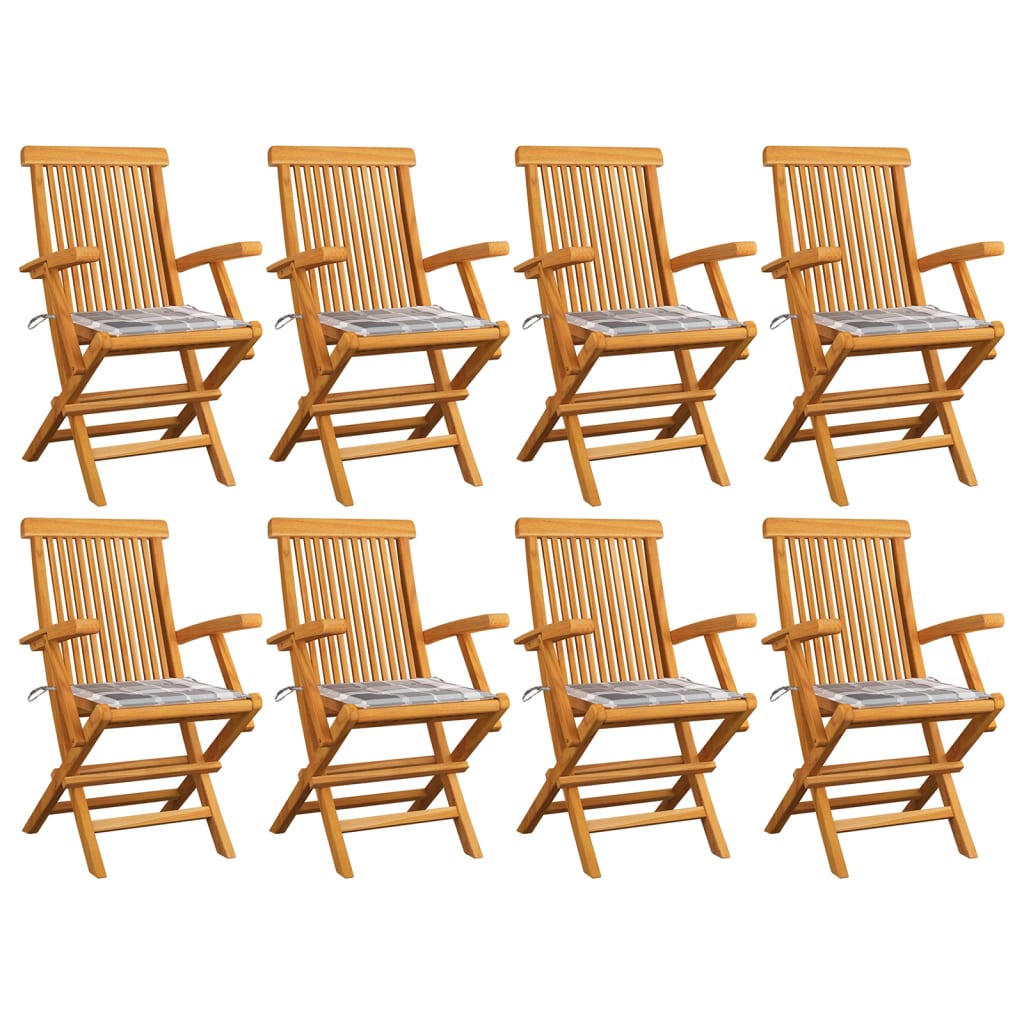 Sedie Giardino Cuscini Motivo Quadri Grigio 8pz Massello Teak