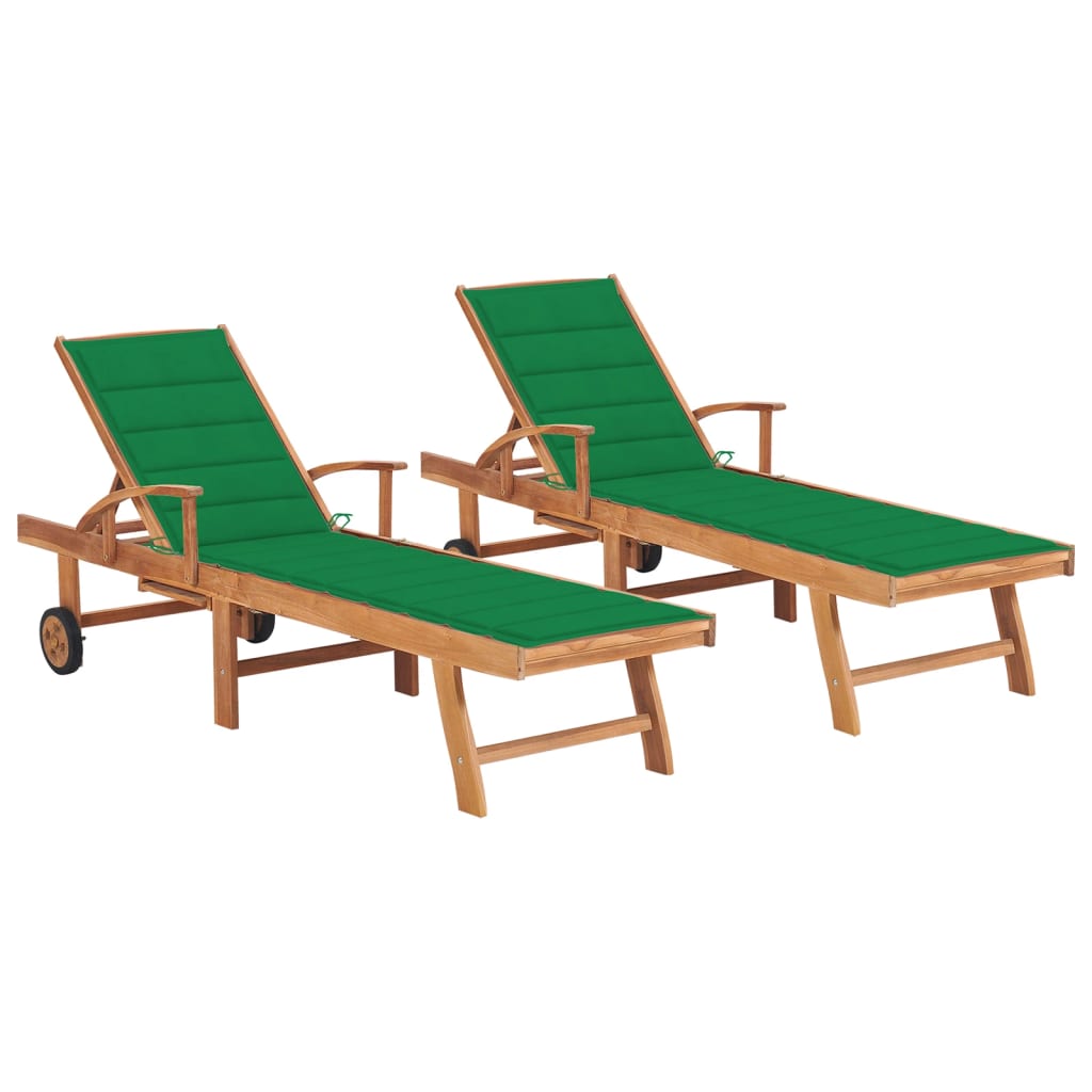 Set di 2 sedie a sdraio sedia a sdraio lettino da giardino lettino da giardino terrazza mobili da esterno con cuscino verde legno massello di teak 02_0012038