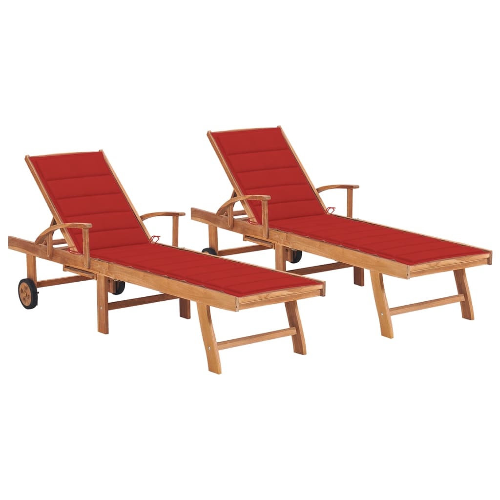 Set di 2 sdraio sdraio prendisole lettino da giardino terrazza mobili da esterno con cuscino rosso legno massello di teak 02_0012035