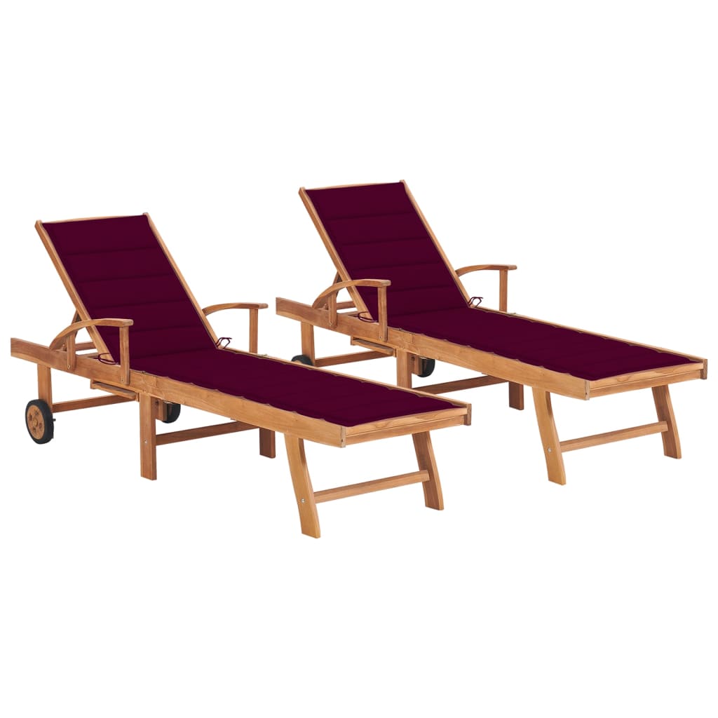 Set di 2 sdraio sedia a sdraio lettino da giardino lettino da terrazzo mobile da esterno 195 cm con cuscino rosso bordeaux in teak massiccio 02_0012036