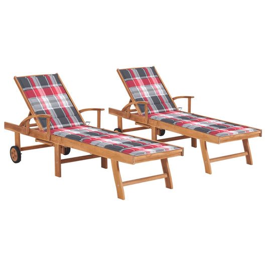 Set di 2 sedie a sdraio sedia a sdraio prendisole lettino da giardino terrazza mobili da esterno con massello di teak cuscino in piastrelle rosse 02_0012030