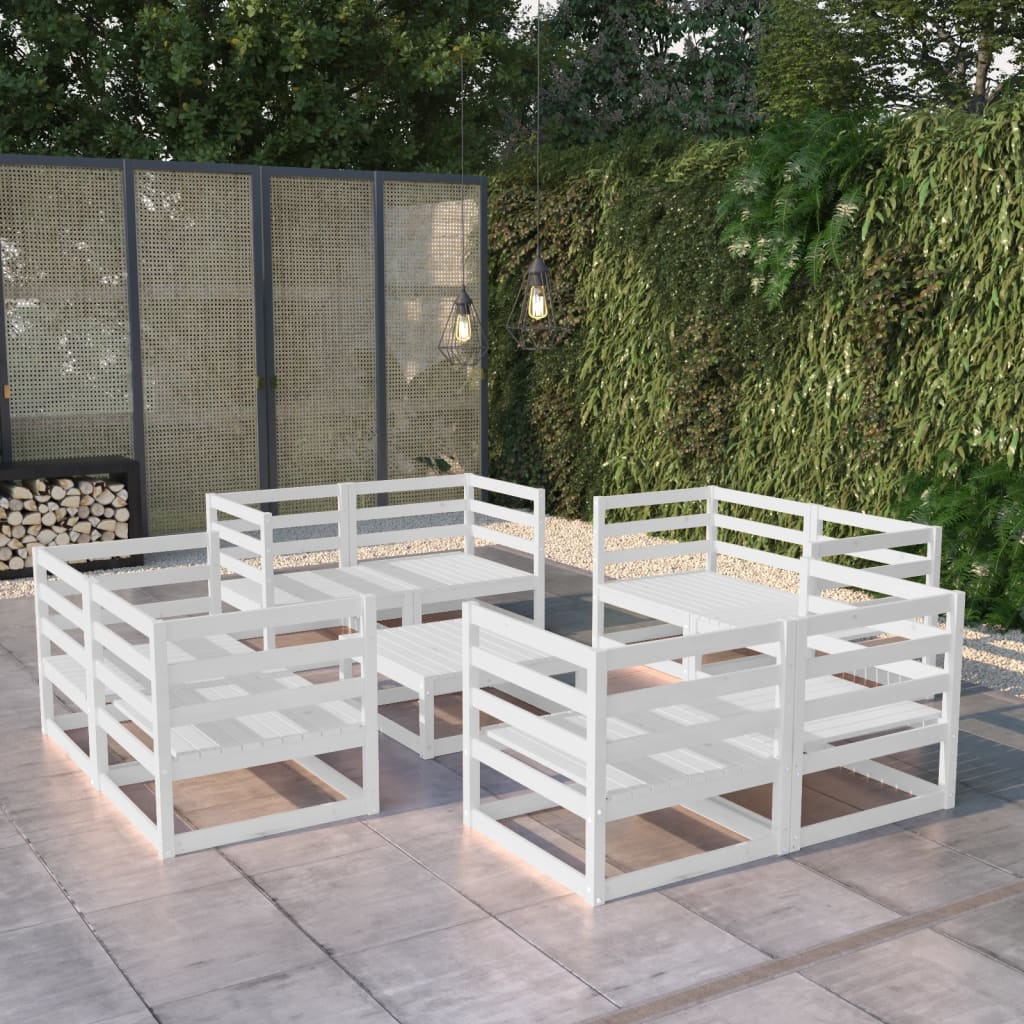 Set Divani da Giardino 9 pz Bianco in Legno Massello di Pino 3075290