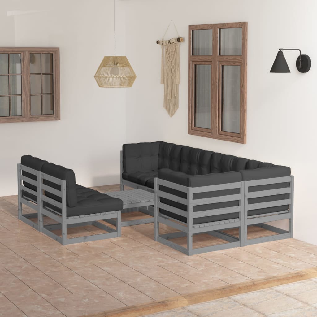 Set Salotto Giardino 8 pz Cuscini Antracite Legno Massello Pino 3076661