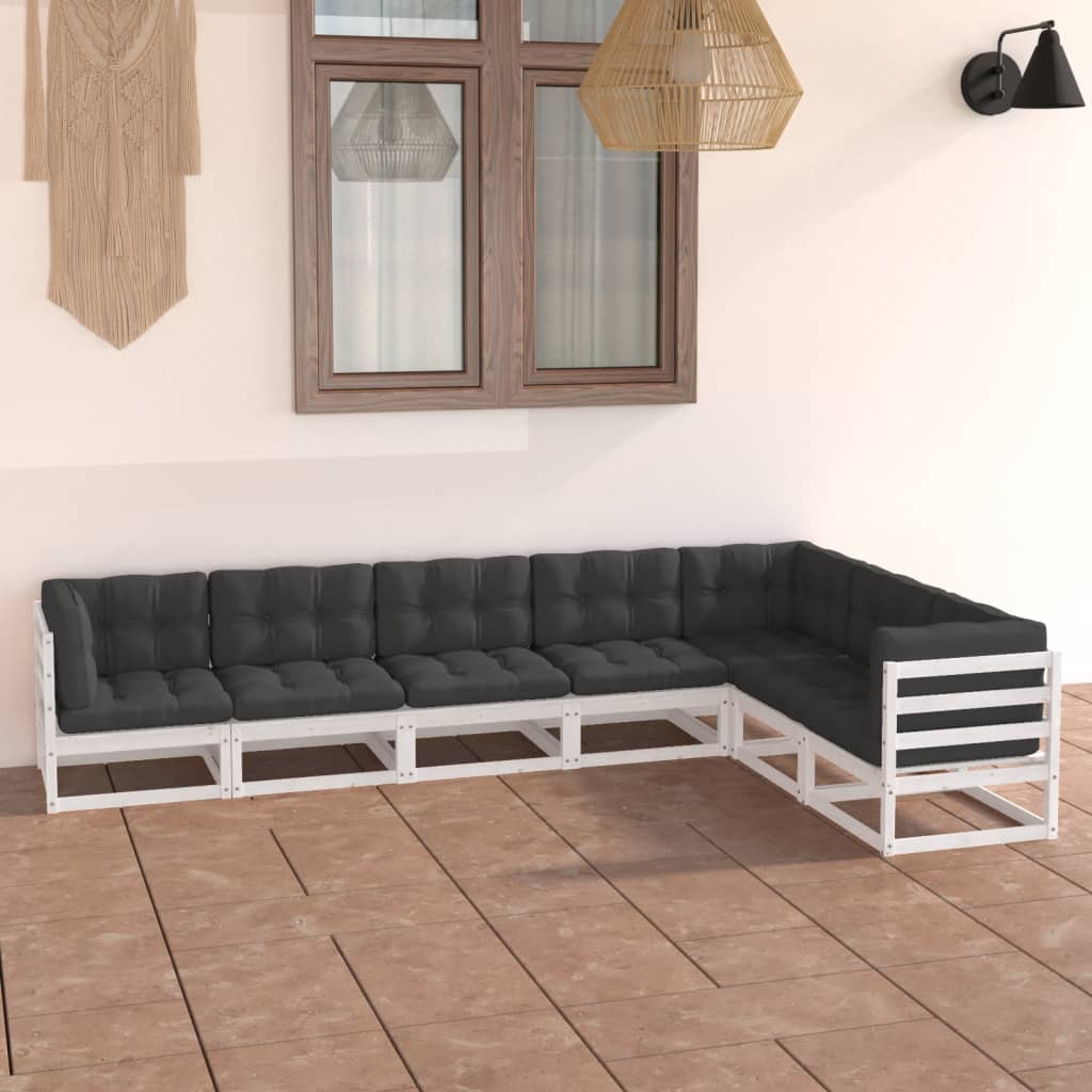 Set Salotto Giardino 7pz con Cuscini Bianco Legno Massello Pino 3076795