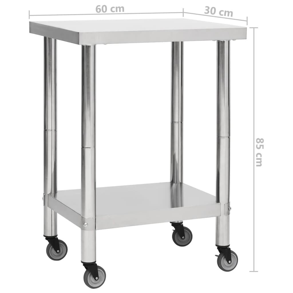 Tavolo da Lavoro Cucina con Ruote 60x30x85 cm in Acciaio Inox 51631