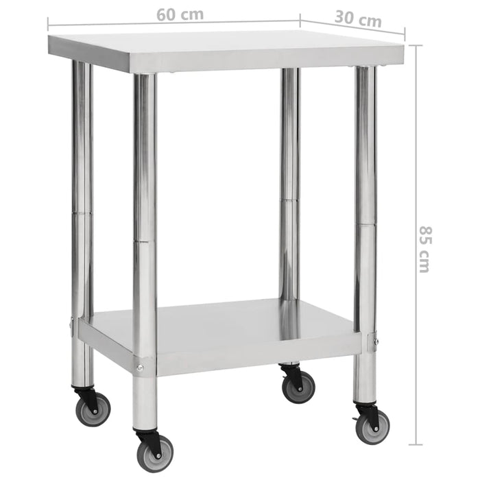 Tavolo da Lavoro Cucina con Ruote 60x30x85 cm in Acciaio Inox 51631