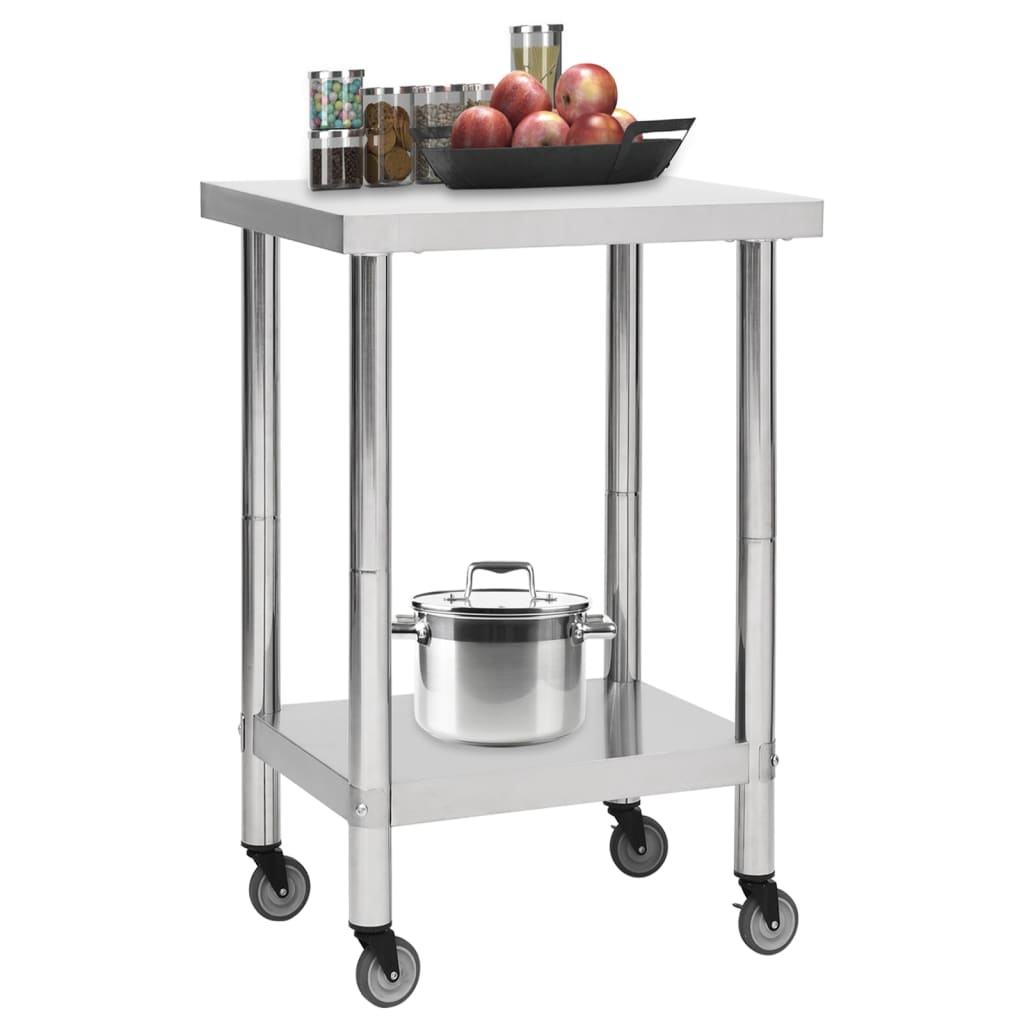 Tavolo da Lavoro Cucina con Ruote 60x60x85 cm in Acciaio Inox 51633