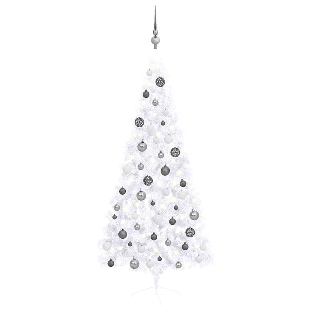 Albero di Natale a Metà Preilluminato con Palline Bianco 180 cm 3077656