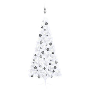 Albero di Natale a Metà Preilluminato con Palline Bianco 180 cm 3077656