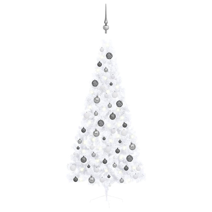 Albero di Natale a Metà Preilluminato con Palline Bianco 180 cm 3077656