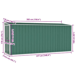 Capanno Giardino a Parete Verde 118x382x178 cm Acciaio Zincato 316229