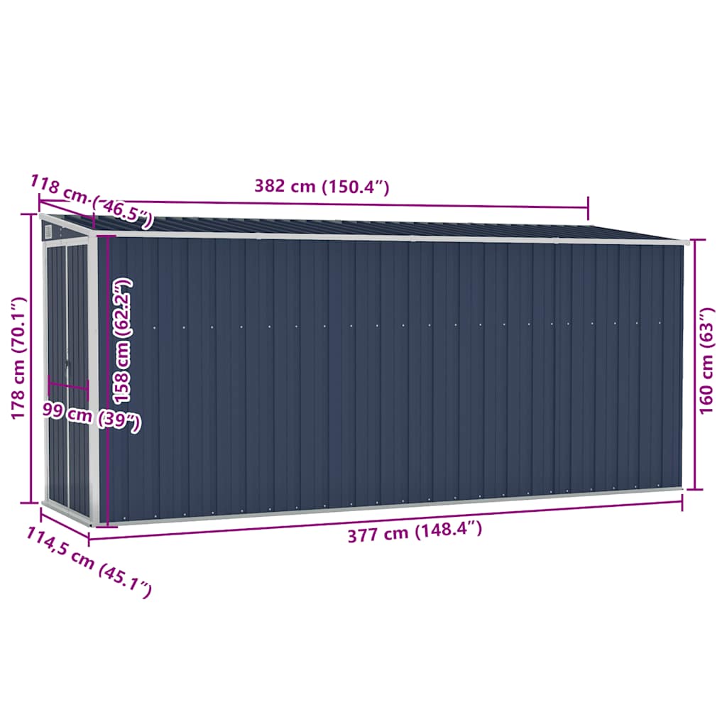 Capanno da Giardino a Parete Antracite 118x382x178 cm Acciaio