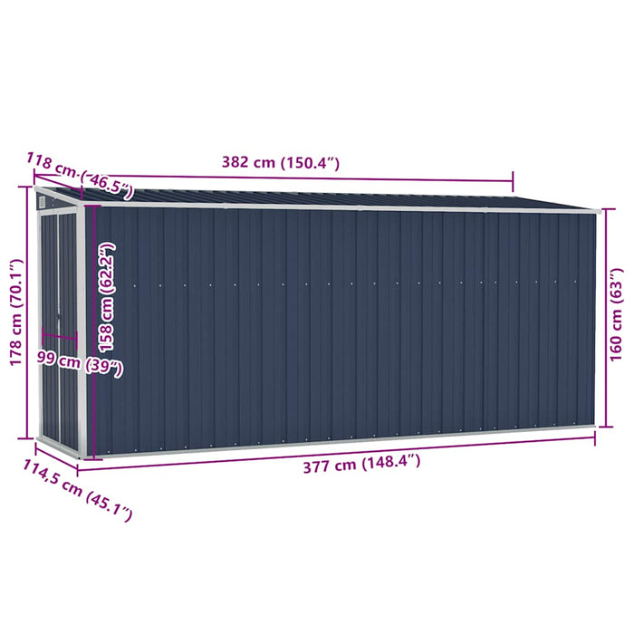 Capanno da Giardino a Parete Antracite 118x382x178 cm Acciaio