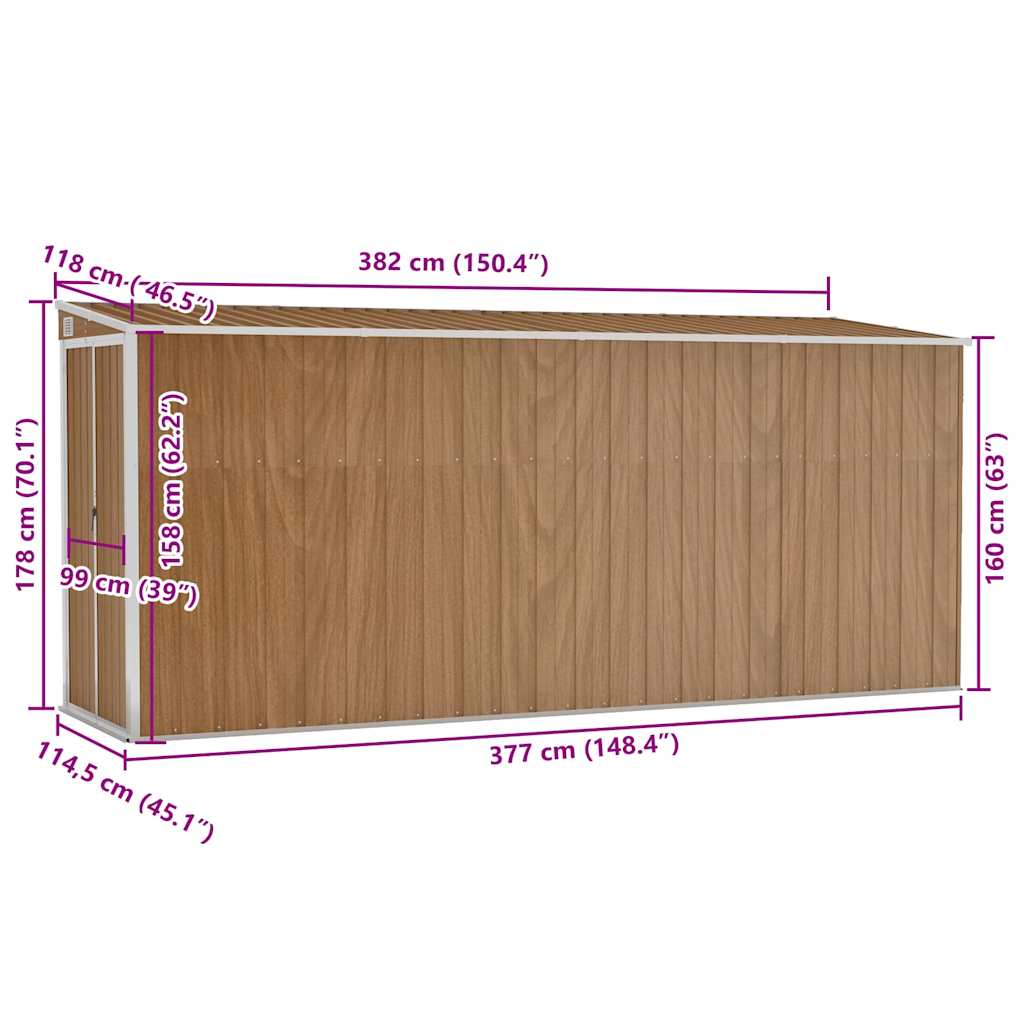 Capanno Giardino a Parete Marrone 118x382x178cm Acciaio Zincato