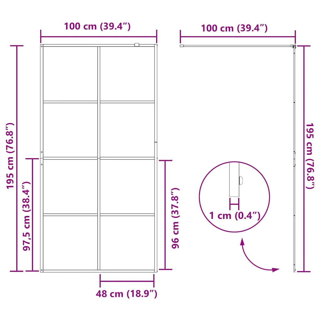 Parete per Doccia Walk-in Vetro Trasparente ESG 100x195cm Nera 151035