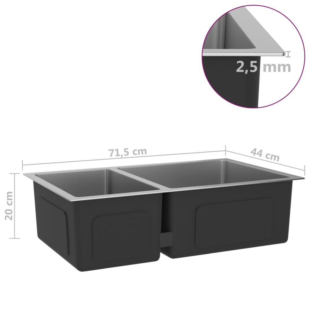 Lavello cucina lavello da incasso interno casa montaggio sopra o sotto resistente ai graffi e agli urti 71,5 x 44 cm acciaio inox 02_0002477