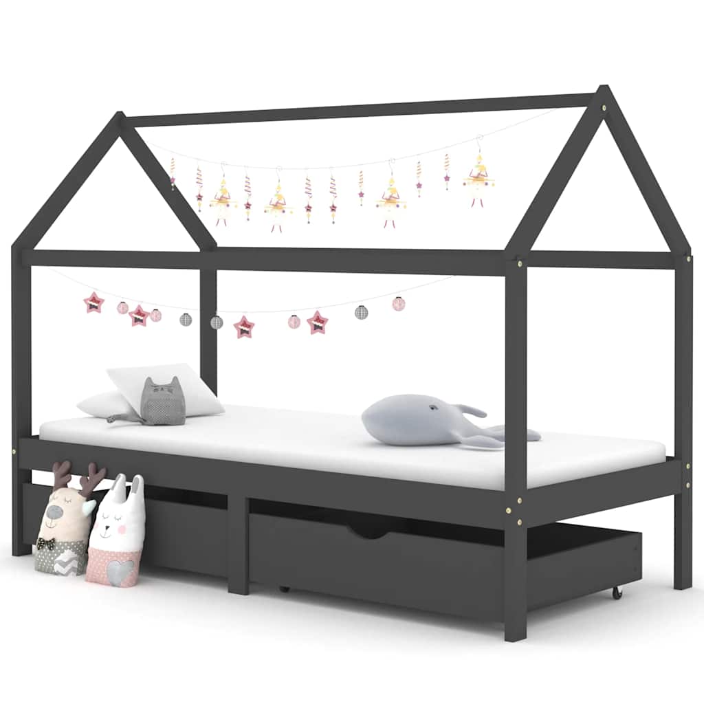 Giroletto Bambini Cassetti-Struttura Letto Bambini Grigio Scuro Pino Massello 90x200 cm 599353