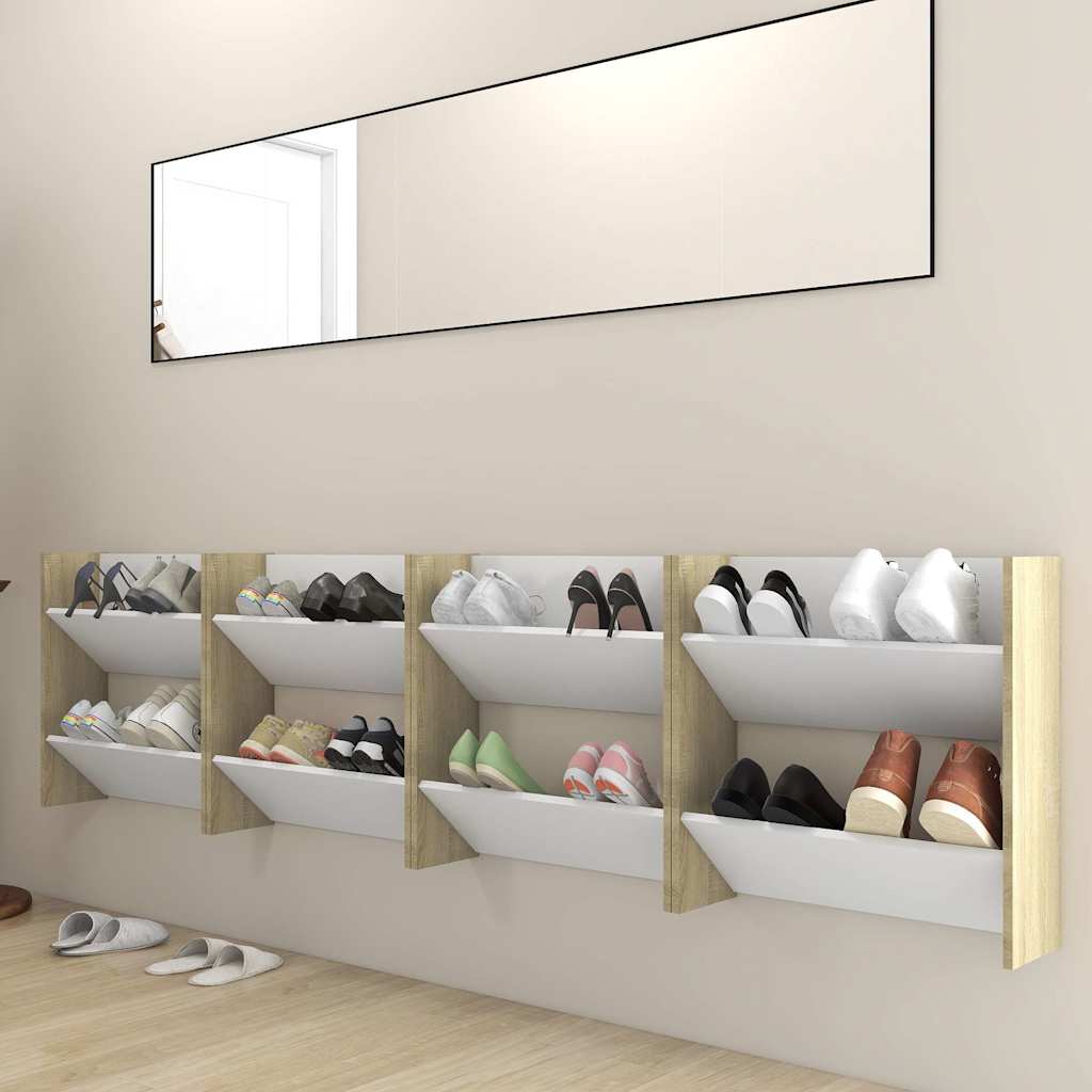 Scarpiere Muro 4pz Bianco e Sonoma 60x18x60cm Legno Multistrato 806731