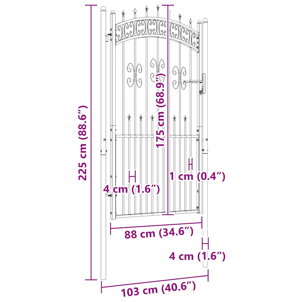 Recinzione Cancello con Punta a Lancia Nera 103x225cm Acciaio cod mxl 46974