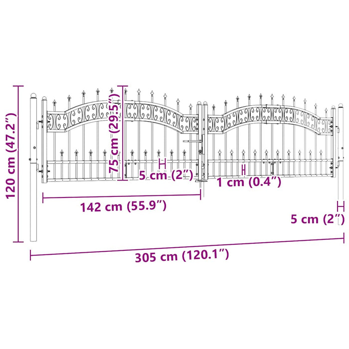 Cancello per recinzione con punta a lancia nero 305x75 cm in acciaio verniciato a polvere 151094