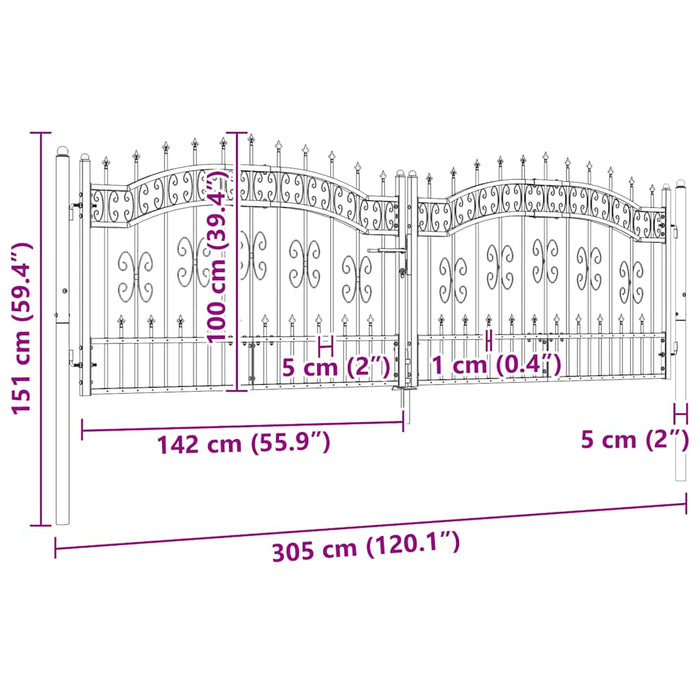 Cancello per recinzione con punta a lancia nero 305x100 cm in acciaio verniciato a polvere 151095
