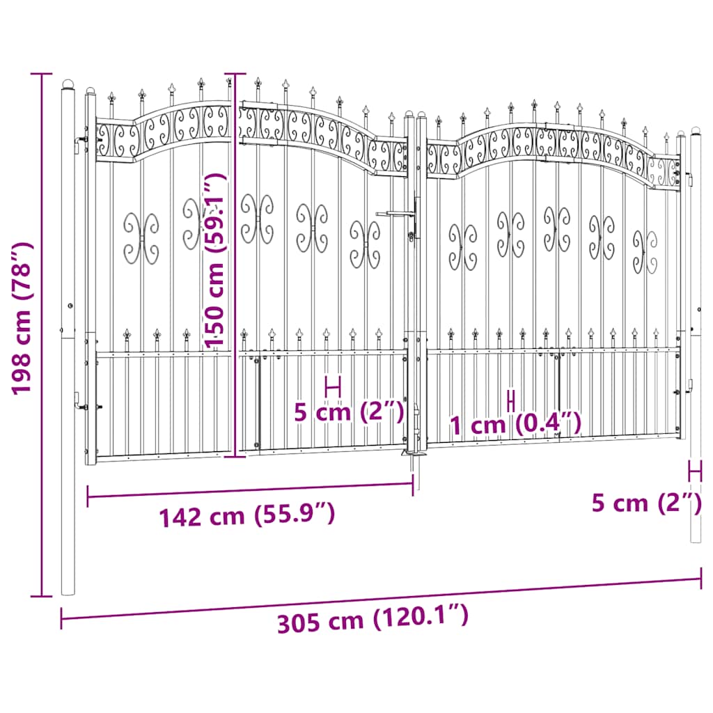 Recinzione Cancello con Punta a Lancia Nera 305x198cm Acciaio cod mxl 42313