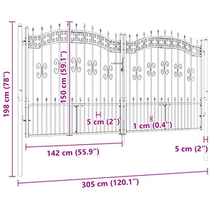 Recinzione Cancello con Punta a Lancia Nera 305x198cm Acciaio cod mxl 42313