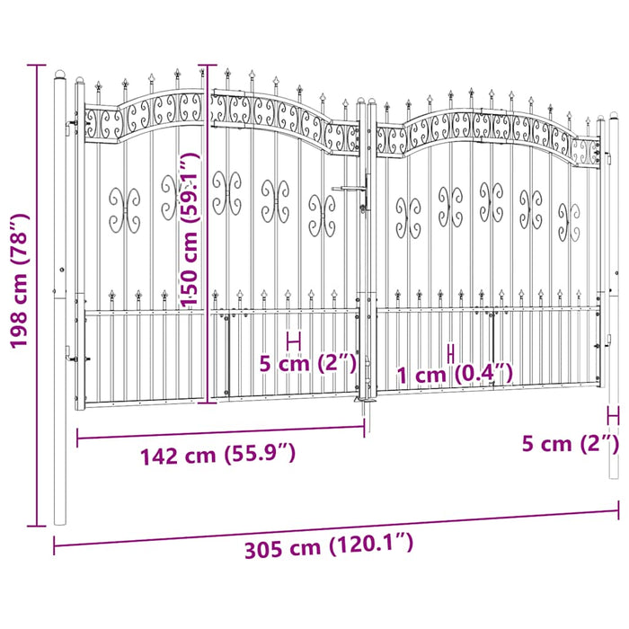 Recinzione Cancello con Punta a Lancia Nera 305x198cm Acciaio cod mxl 42313