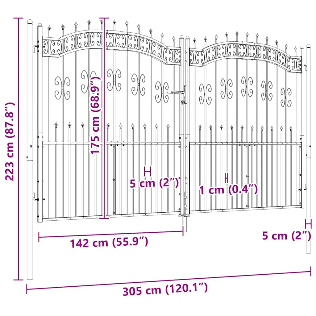 Recinzione Cancello con Punta a Lancia Nera 305x223cm Acciaio cod mxl 42311