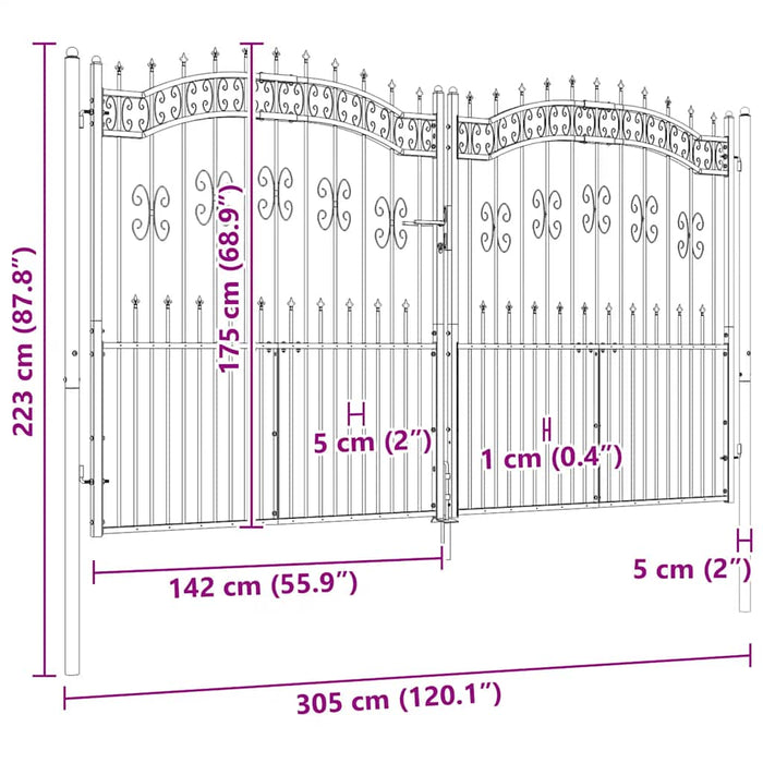 Recinzione Cancello con Punta a Lancia Nera 305x223cm Acciaio cod mxl 42311