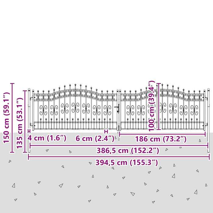 Cancello per recinzione con punta a lancia nero 394,5x100 cm in acciaio verniciato a polvere 151100