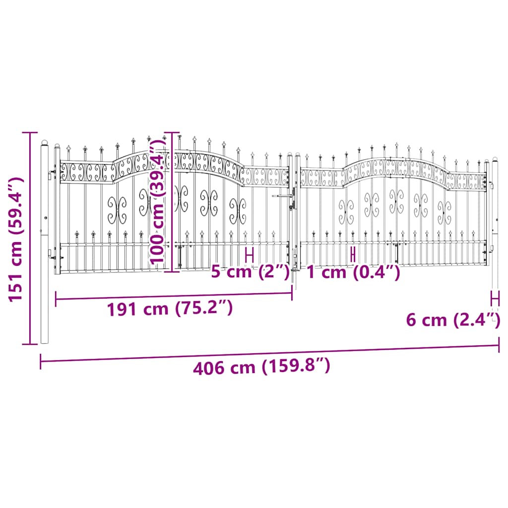 Recinzione Cancello con Punta a Lancia Nera 406x151cm Acciaio cod mxl 47808