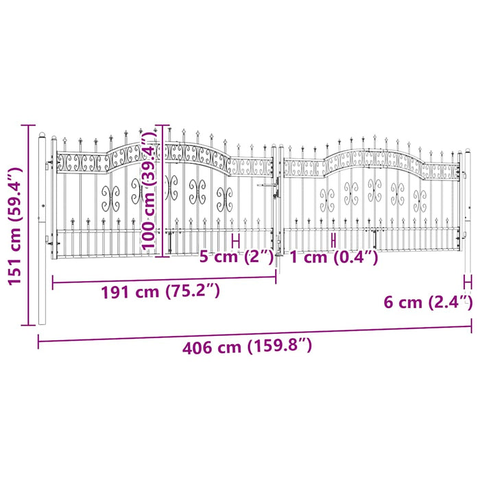 Cancello per recinzione con punta a lancia nero 406x100 cm in acciaio verniciato a polvere 151100
