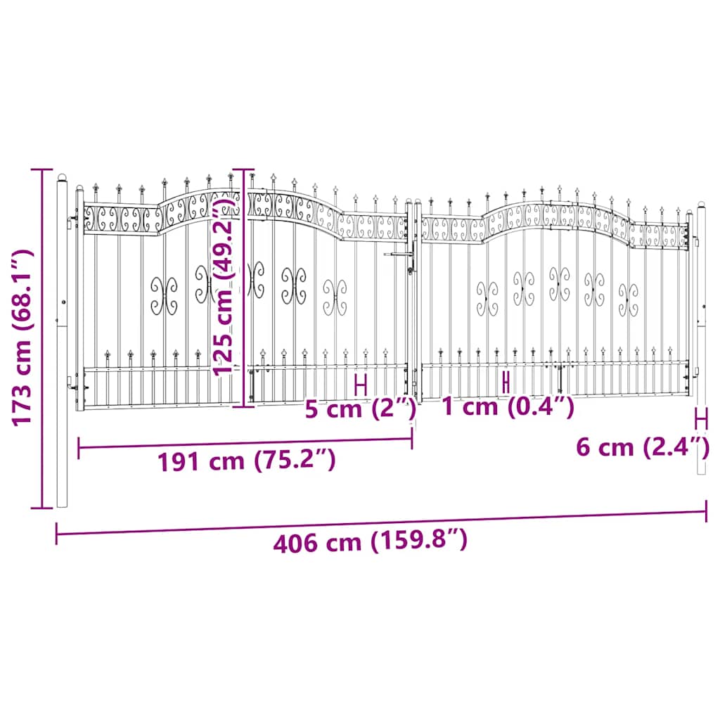 Recinzione Cancello con Punta a Lancia Nera 406x173cm Acciaio cod mxl 42793