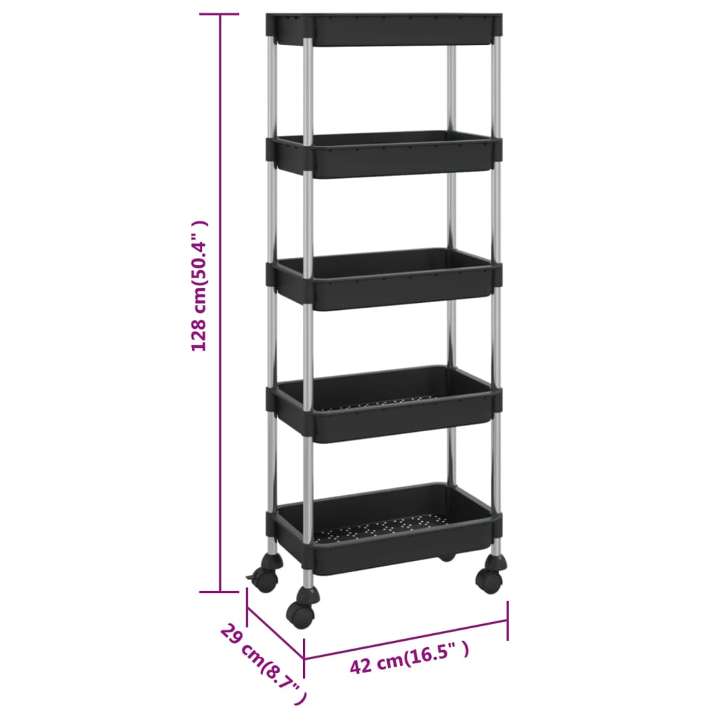 Carrello da Cucina 5 Ripiani-Scaffale per Cucina Nero 42x29x128 cm Ferro e ABS