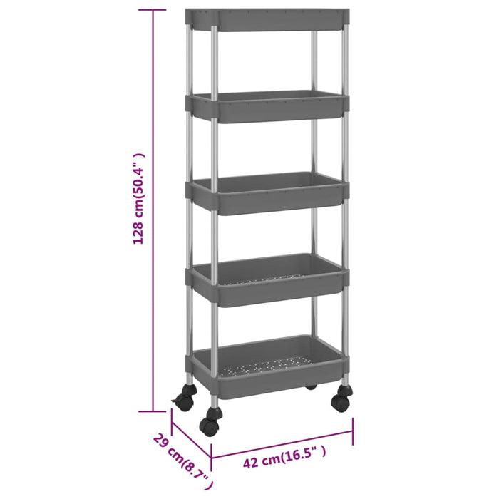 Carrello da Cucina 5 Ripiani-Scaffale per Cucina Grigio 42x29x128 cm Ferro e ABS
