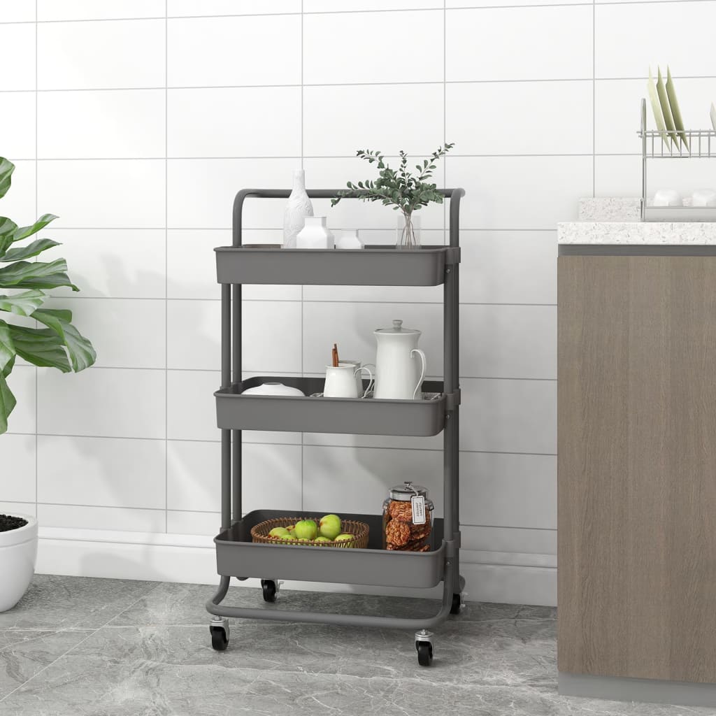 Carrello da Cucina 3 Ripiani-Scaffale per Cucina Grigio 42x35x85 cm Ferro e ABS