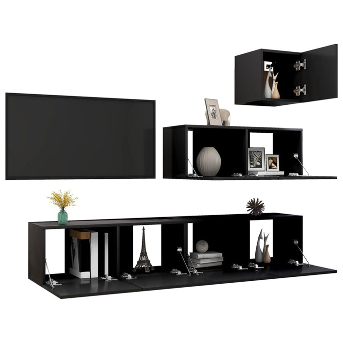 Set di Mobili Porta TV 4 pz-Set di 4 Credenza per TV Nero in Legno Multistrato