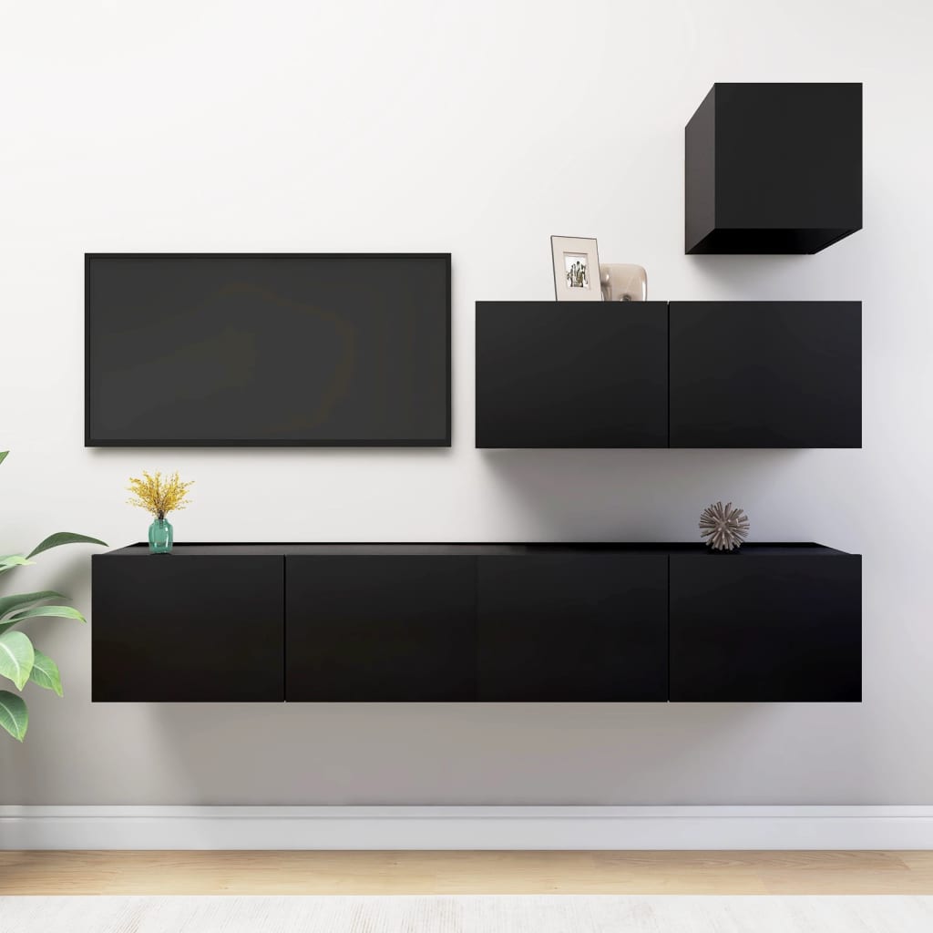 Set di Mobili Porta TV 4 pz-Set di 4 Credenza per TV Nero in Legno Multistrato