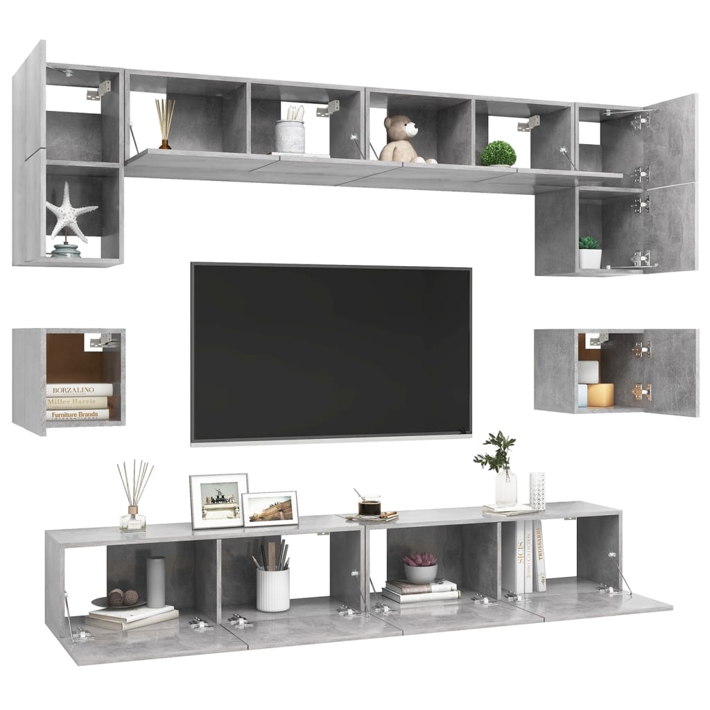 Set di Mobili Porta TV 8 pz Grigio Cemento in Legno Multistrato 3079112