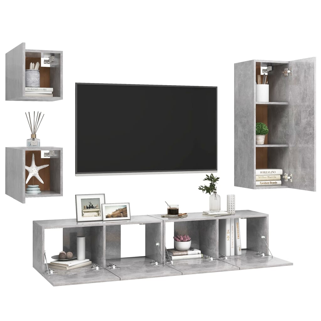 Set di Mobili Porta TV 5 pz Grigio Cemento in Legno Multistrato 3079116