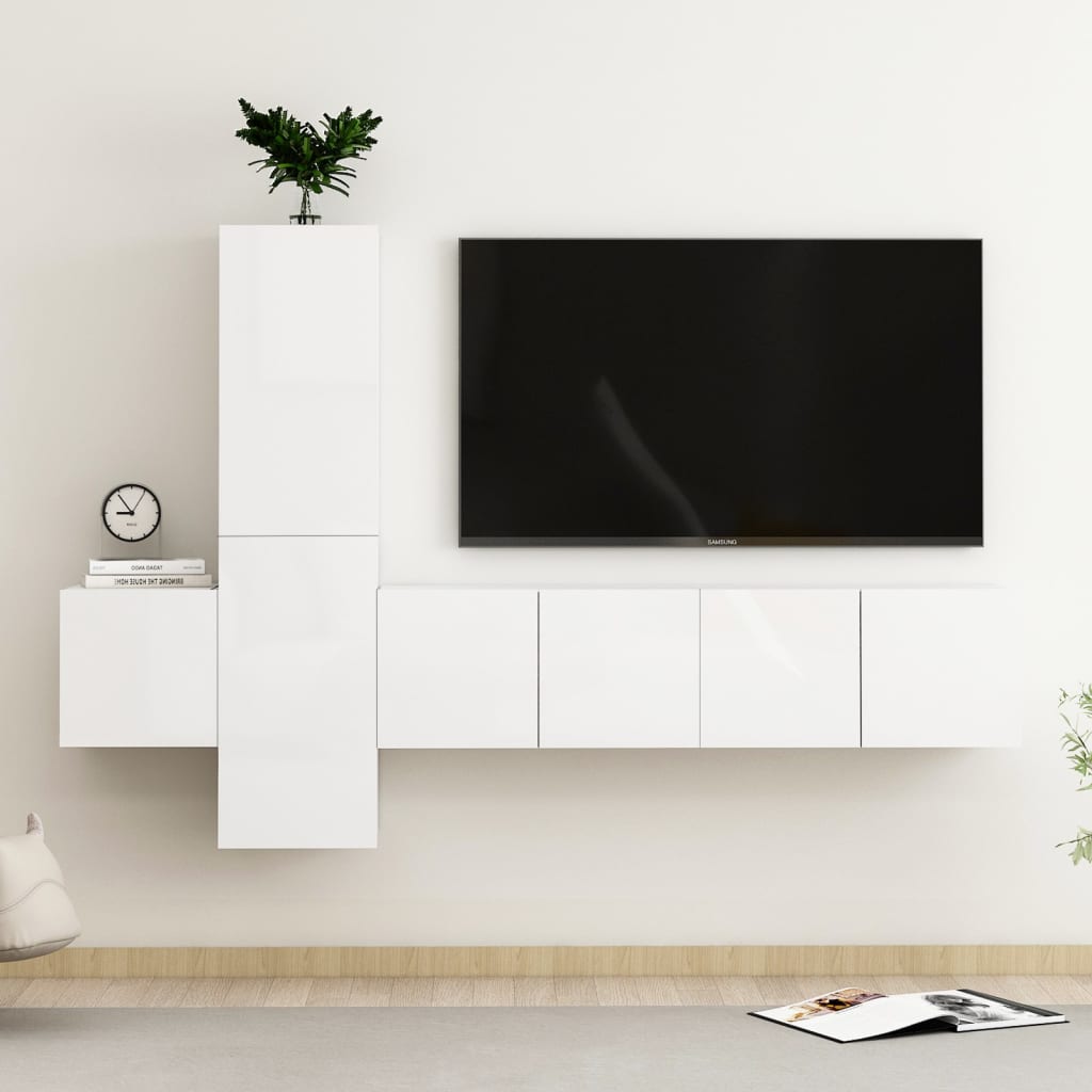 Set di Mobili Porta TV 5 pz Bianco Lucido in Legno Multistrato 3079283