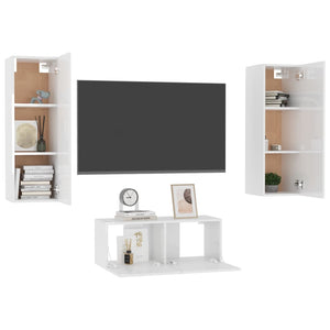 Set di Mobili Porta TV 3 pz Bianco Lucido in Legno Multistrato 3079288